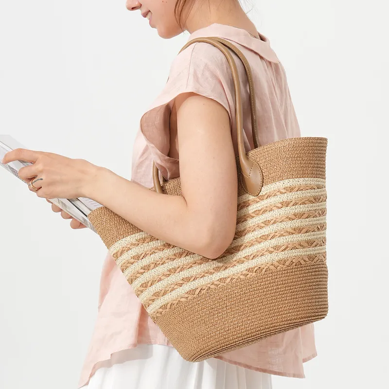 Beach Bag Straw - Striped woven straw beach tote bag