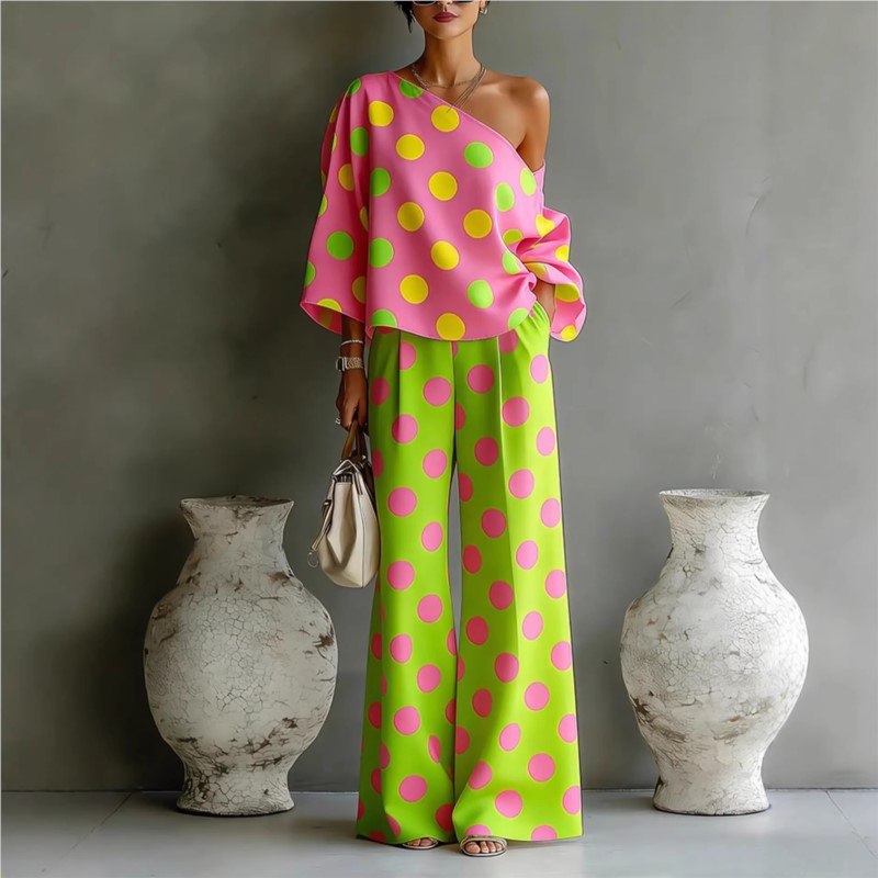 Off Shoulder Blouse - Women's Polka Dot 2 Piece Outfit