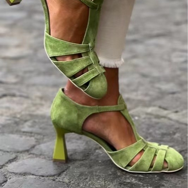 Summer Clothing Sale Women - Women's Green Suede Kitten Heel T-Strap