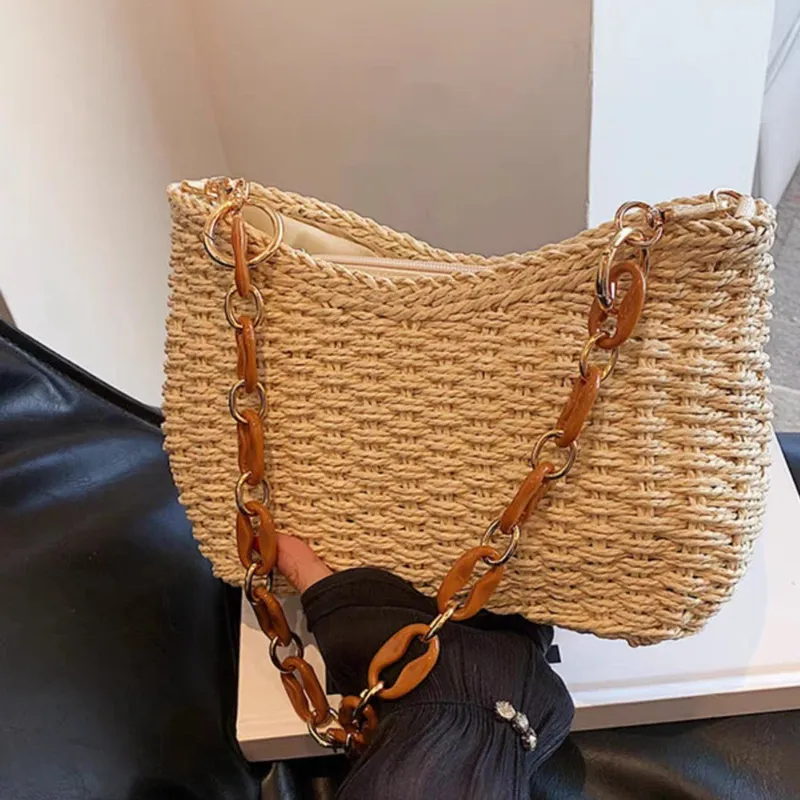 Beach Bag Straw - Straw Woven Shoulder Bag for Women