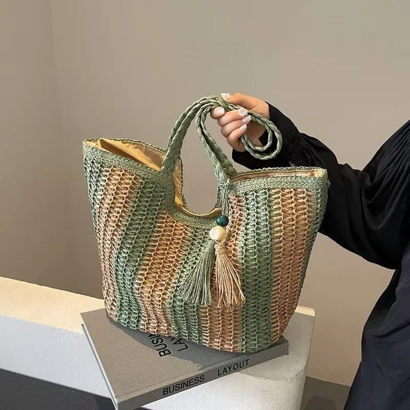 Beach Bag Straw - Striped woven straw tote bag for