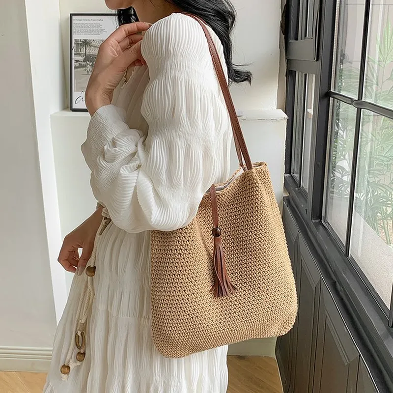Beach Bag Straw - Tassel straw woven tote bag handwoven
