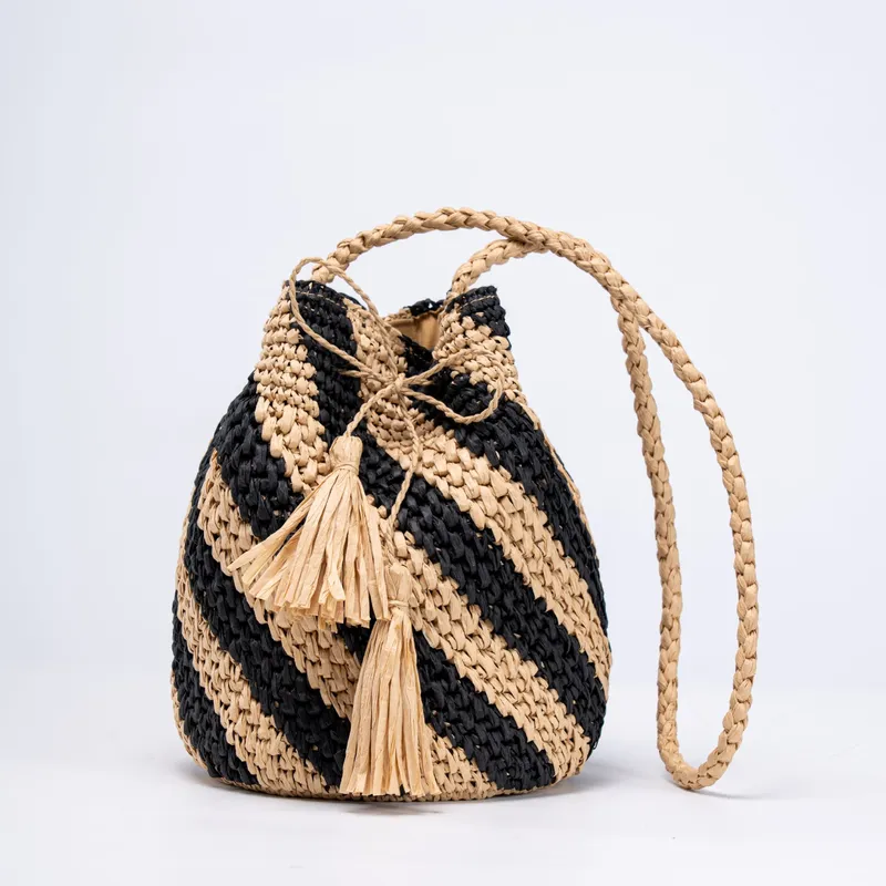 Beach Bag Straw - Striped straw handwoven messenger bag for