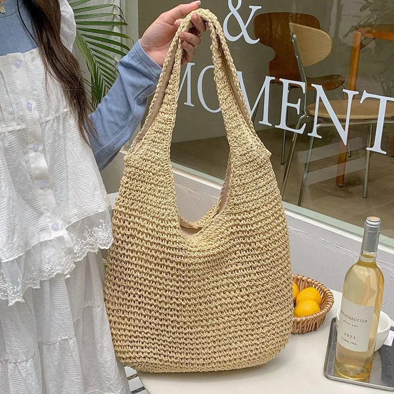 Beach Bag Straw - High-end hand-woven straw tote bag for