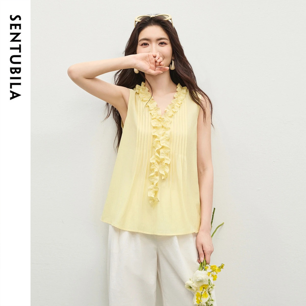 Yellow Summer Clothing - SENTUBILA Women's Yellow V Neck Chiffon