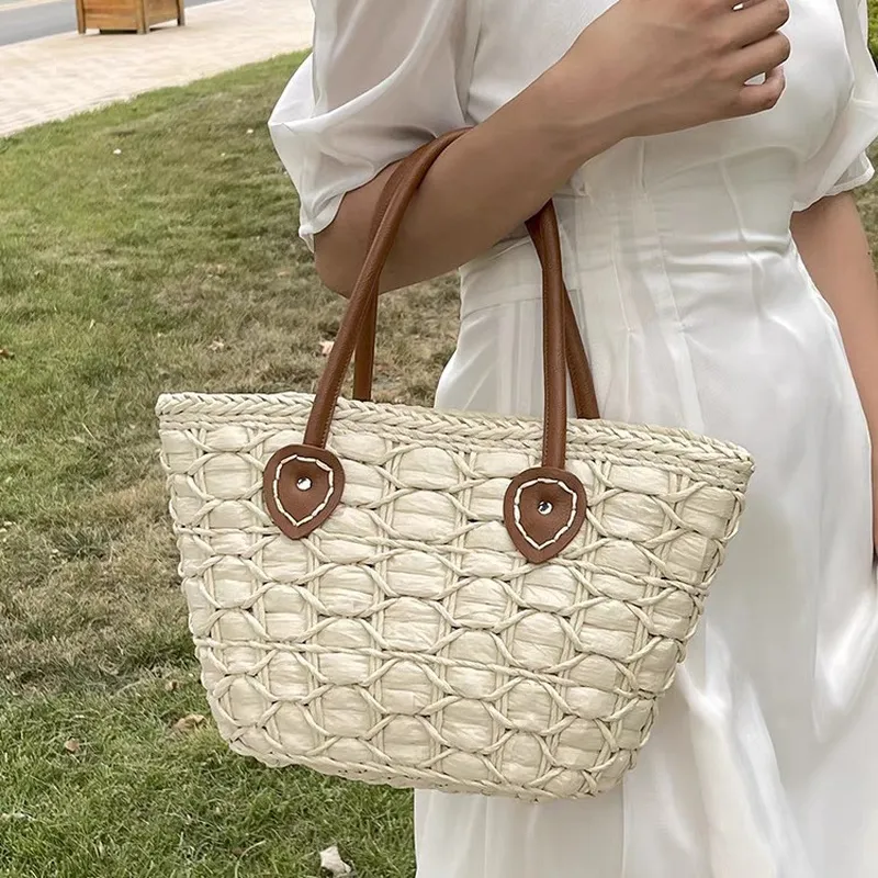 Beach Bag Straw - Retro European American woven straw tote