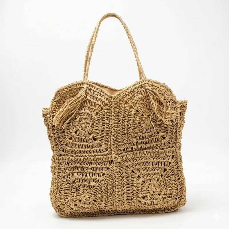 Beach Bag Straw - Straw Handwoven Tote Bag with Tassel