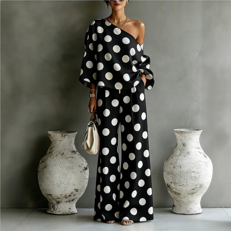 Women's Polka Dot 2 Piece Outf - огляд і ціна Off Shoulder Blouse