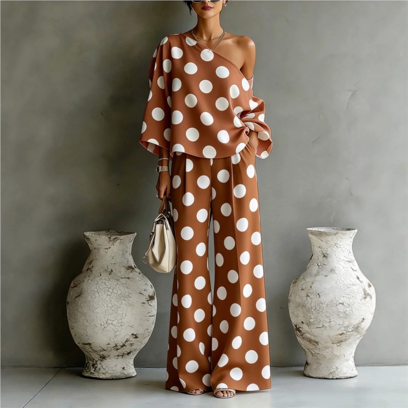 Women's Polka Dot 2 Piece Outf - огляд і ціна Off Shoulder Blouse