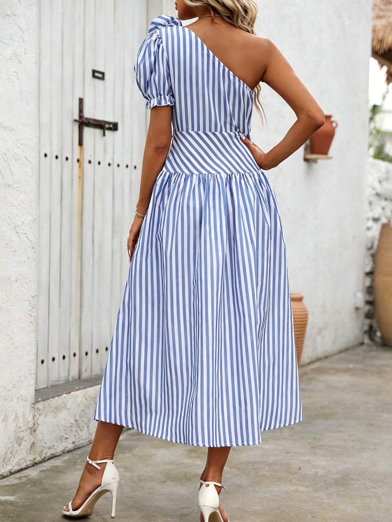 Blue White Striped One Shoulde - огляд і ціна Sundress Midi Floral