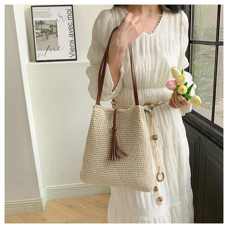 Tassel straw woven tote bag ha - огляд і ціна Beach Bag Straw