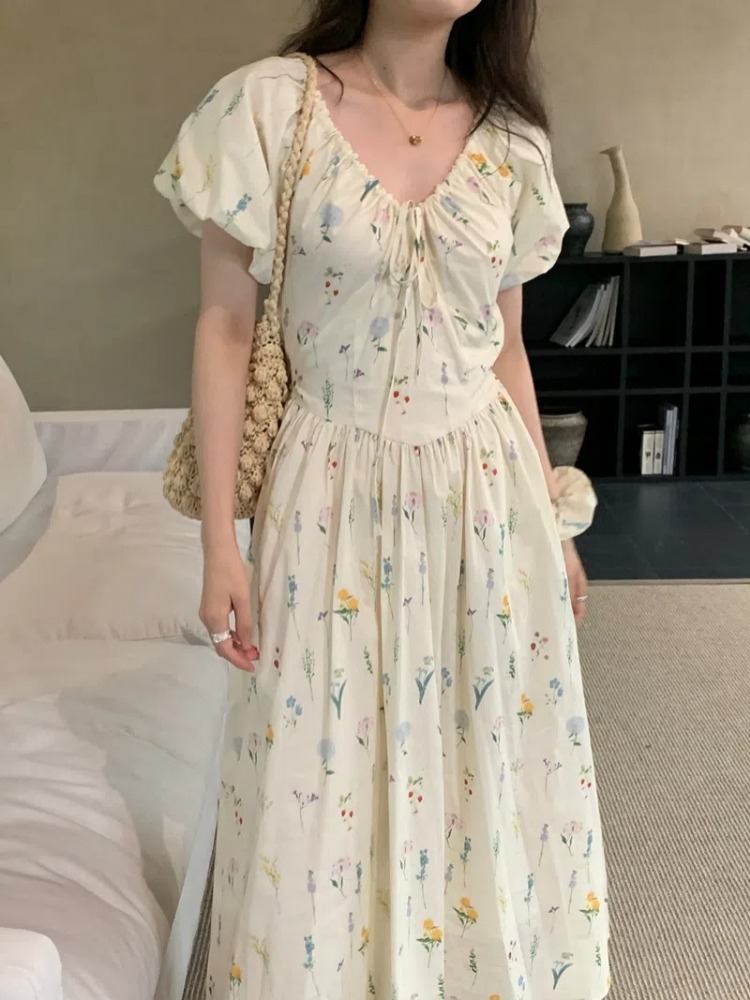 Vintage V Neck Puff Sleeve Lon - огляд і ціна Sundress Midi Floral