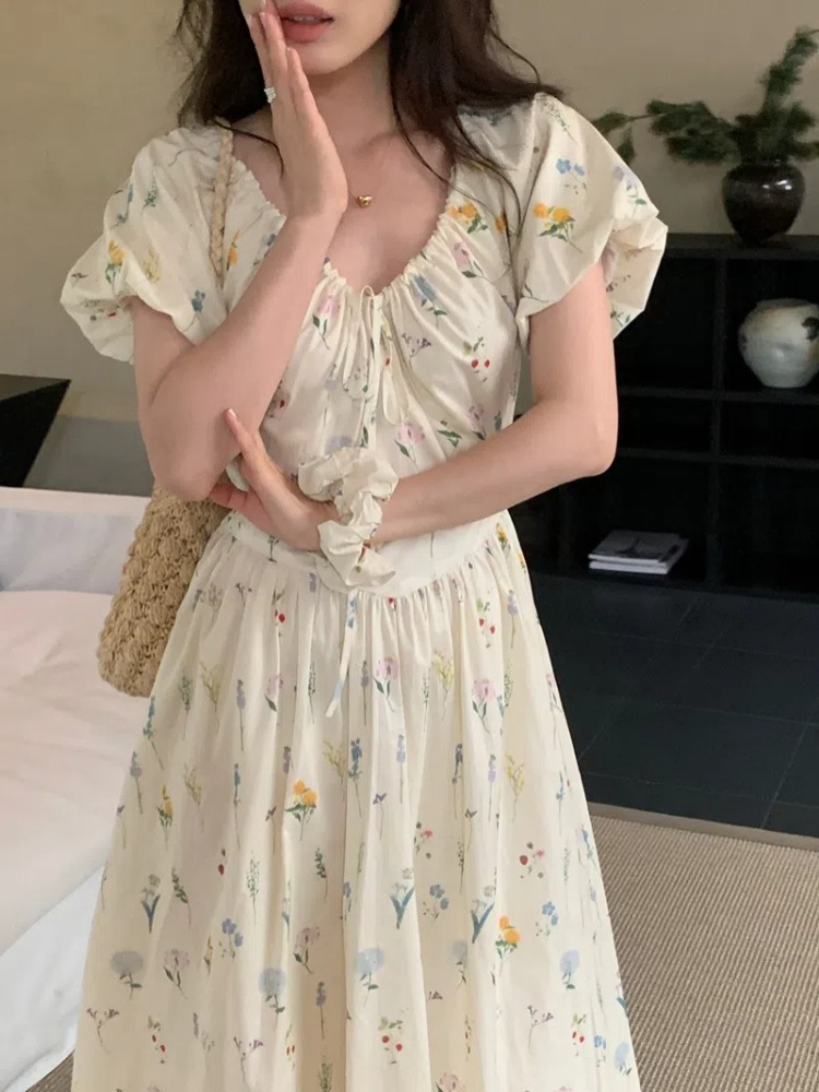 Vintage V Neck Puff Sleeve Lon - огляд і ціна Sundress Midi Floral