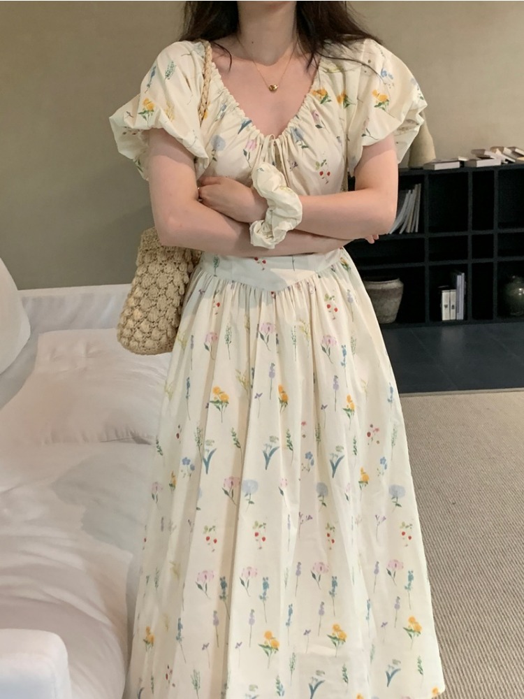 Vintage V Neck Puff Sleeve Lon - огляд і ціна Sundress Midi Floral
