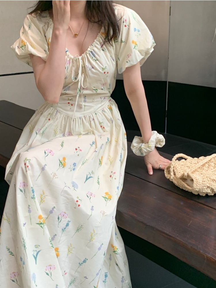 Vintage V Neck Puff Sleeve Lon - огляд і ціна Sundress Midi Floral