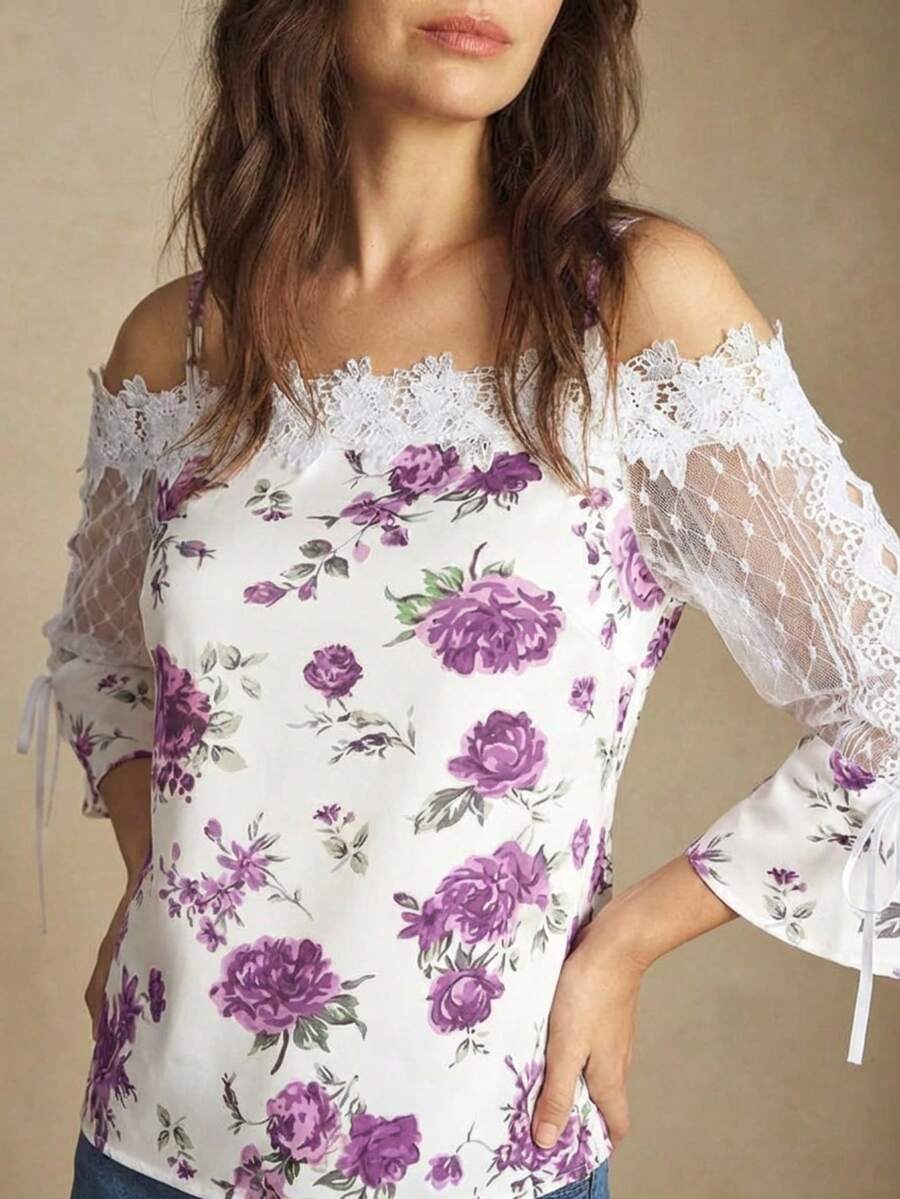 Purple Floral Print Off Should - огляд і ціна Off Shoulder Blouse