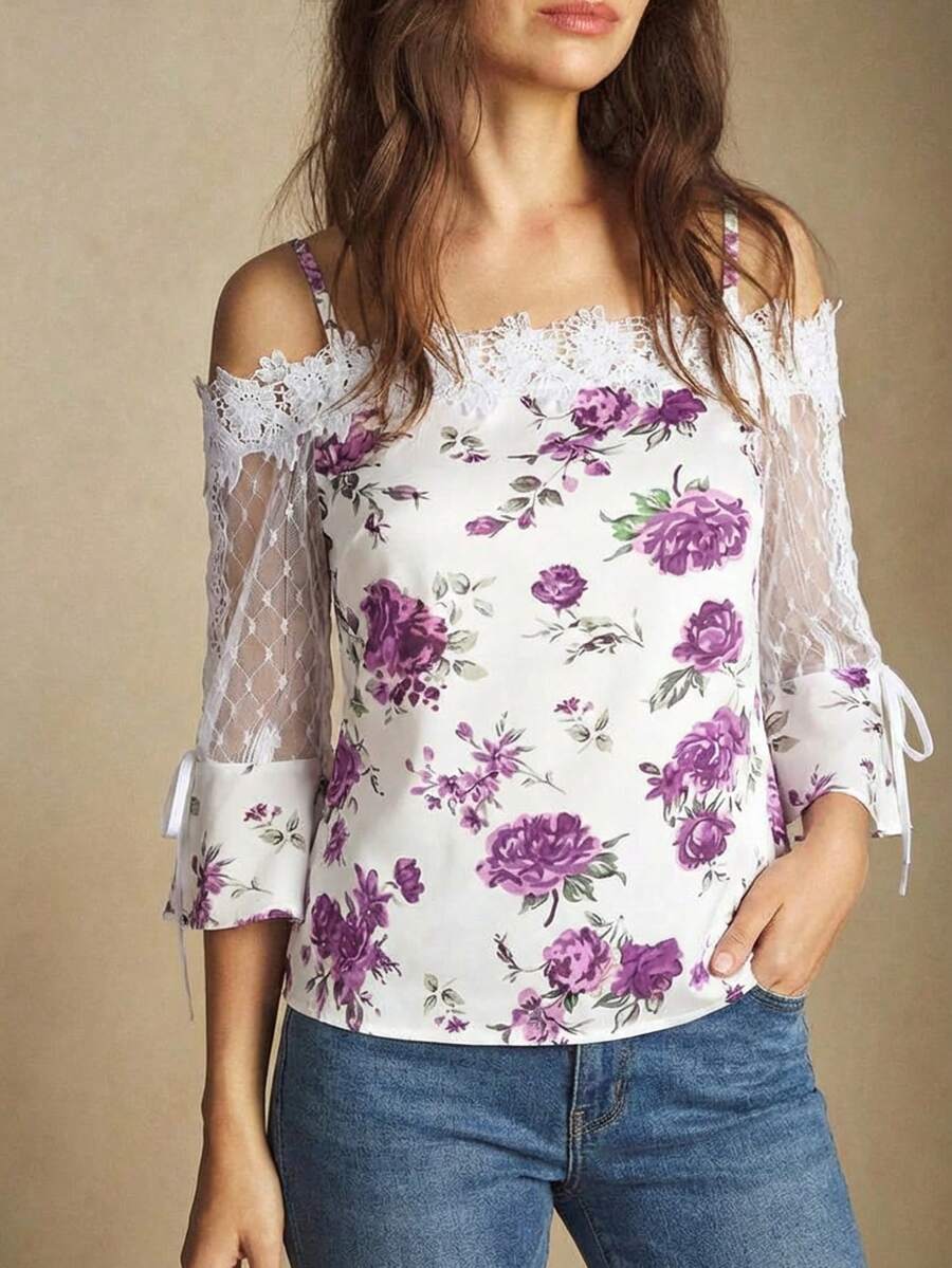 Purple Floral Print Off Should - огляд і ціна Off Shoulder Blouse